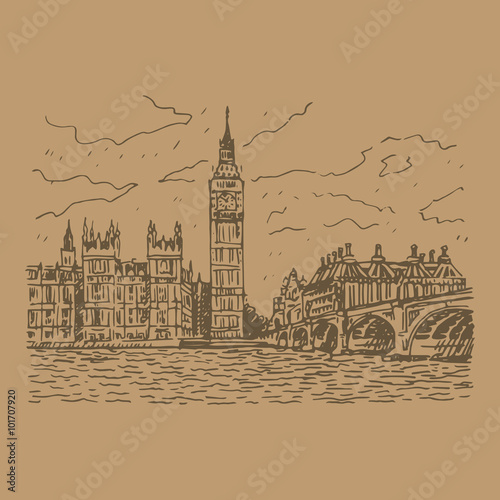 View of the Palace of Westminster, Elizabeth Tower (Big Ben) and Westminster Bridge. London, England, UK. Vector hand drawn sketch.