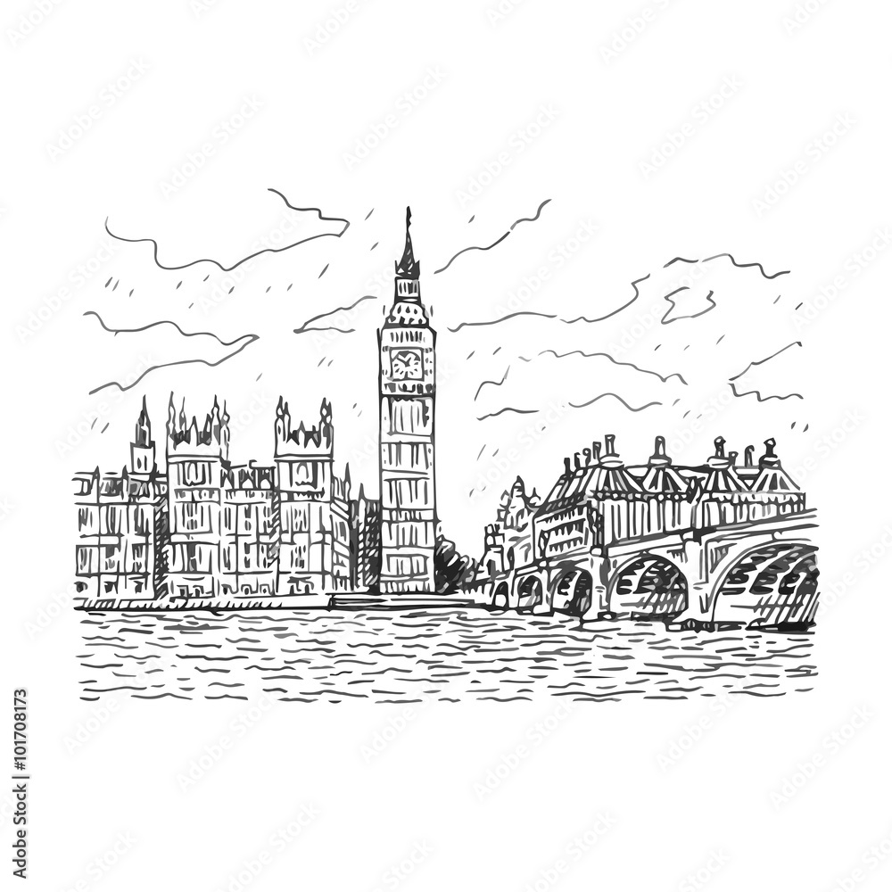 View of the Palace of Westminster, Elizabeth Tower (Big Ben) and Westminster Bridge. London, England, UK. Vector hand drawn sketch.