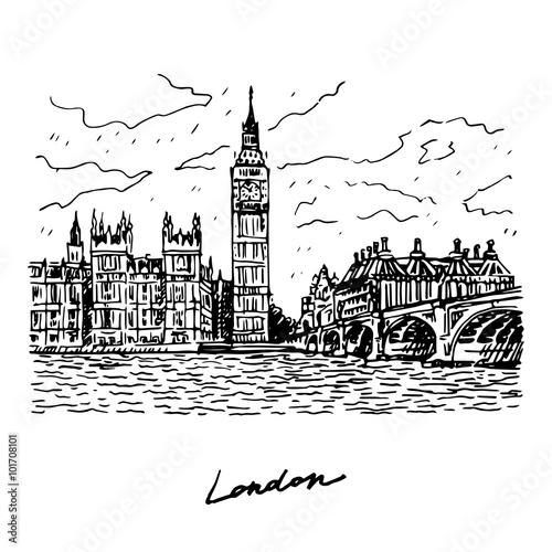 View of the Palace of Westminster, Elizabeth Tower (Big Ben) and Westminster Bridge. London, England, UK. Vector hand drawn sketch.