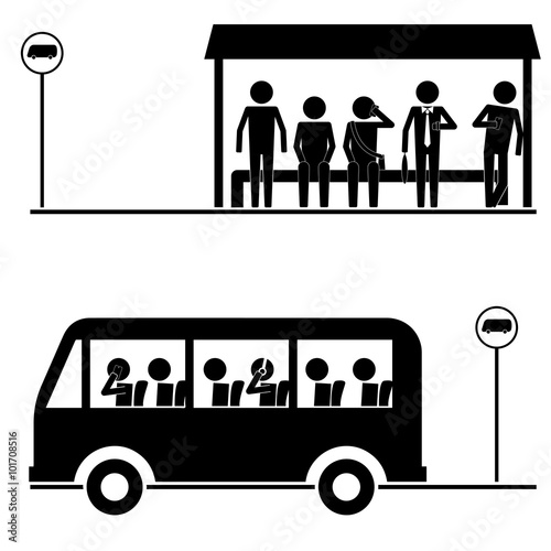 group of men & crowd waiting for bus icon vector sign symbol pictogram
