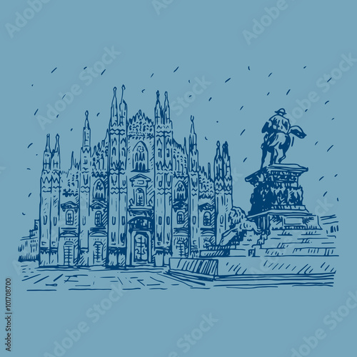 Milan Cathedral with statue of Vittorio Emanuele II, Italy. Vector hand drawn sketch.