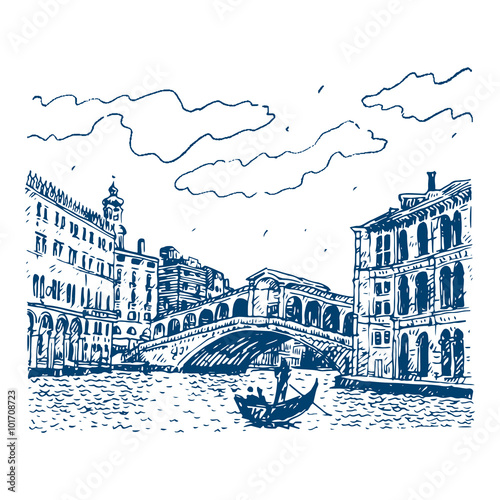 The Rialto Bridge in Venice, Italy. Vector hand drawn sketch.