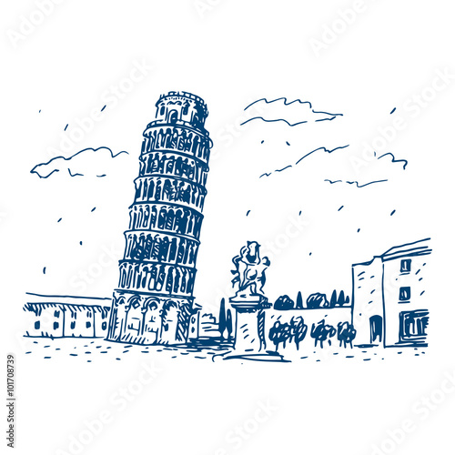 View of the Leaning Tower of Pisa, Italy. Vector hand drawn sketch.