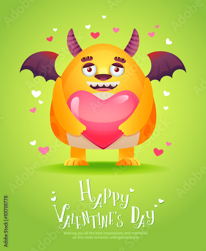 Cartoon monster with a heart Valentine card
