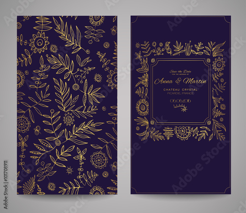 Gold ornate frame for invitations or announcements. Hand draw flowers