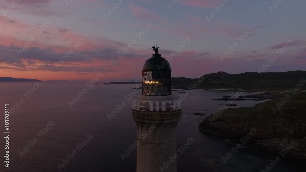 Stunning aerial shot of Ardnamurchan lighthouse on the coast of Scotland during a sunset