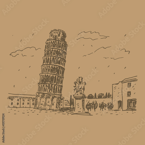 View of the Leaning Tower of Pisa, Italy. Vector hand drawn sketch.