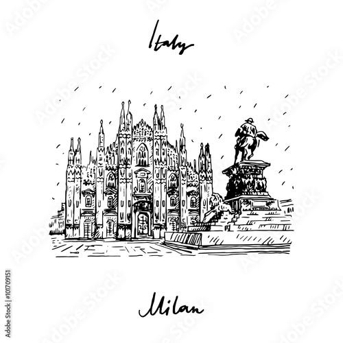 Milan Cathedral with statue of Vittorio Emanuele II, Italy. Vector hand drawn sketch.