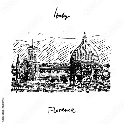 Cathedral of Saint Mary of the Flower in Florence, Italy. Vector hand drawn sketch.