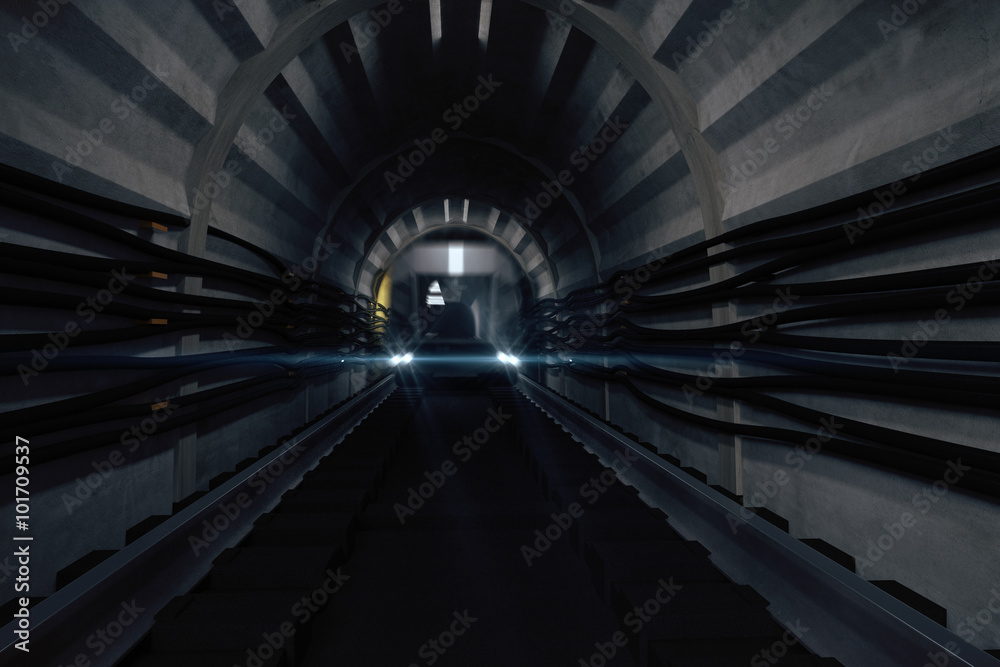 Fototapeta premium Dark subway tunnel with train
