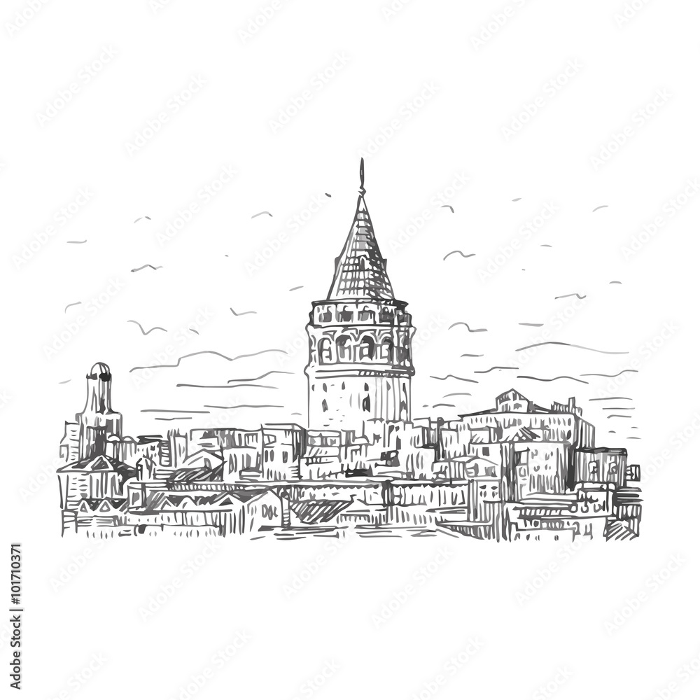 Naklejka premium The Galata Tower, Istanbul, Turkey. Vector freehand pencil sketch.