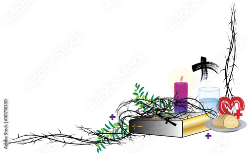 Lent corner frame or border, with symbols of the Lent season with thorns, and copy space for text.