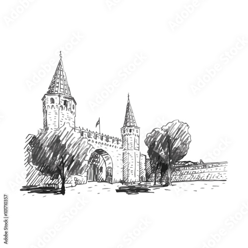 Topkapi Palace, Gate of Salutation, Istanbul, Turkey. Vector freehand pencil sketch.