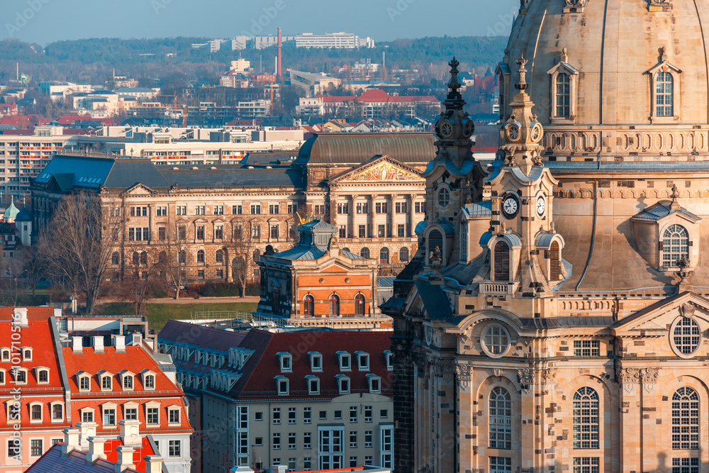 Aerial view over Frauenkirche and roofs of old Dresden, Saxony, Germany