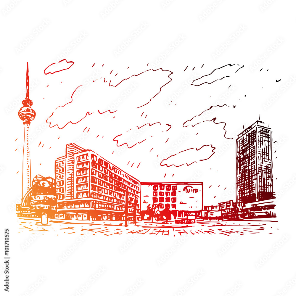 Alexanderplatz, Berlin, Germany. Vector hand drawn sketch.