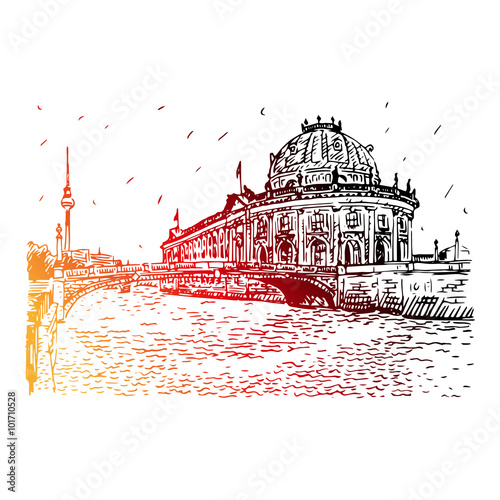 Bode museum on Spree river and Alexanderplatz TV tower in center of Berlin, Germany. Vector hand drawn sketch.