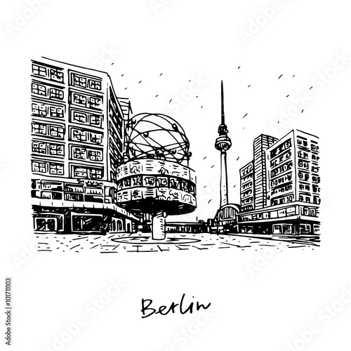 TV tower and world clock at Alexanderplatz train station, Berlin, Germany. Vector hand drawn sketch.