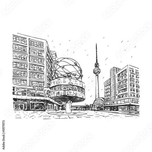 TV tower and world clock at Alexanderplatz train station, Berlin, Germany. Vector hand drawn sketch.