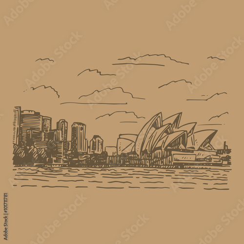 View of the Sydney Opera House, Australia. Vector freehand pencil sketch.