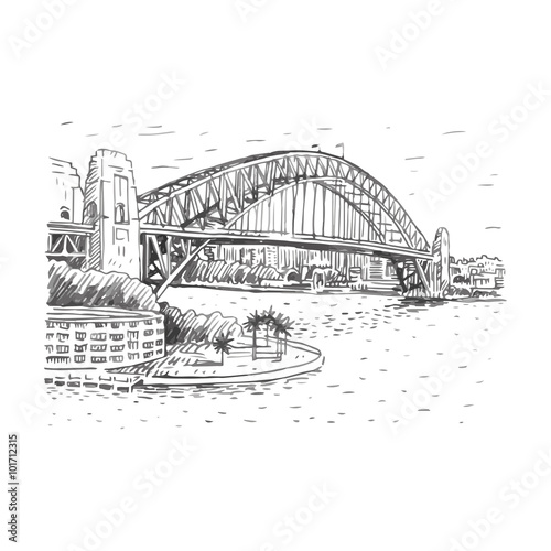 The Harbour Bridge, Sydney, Australia. Vector freehand pencil sketch.