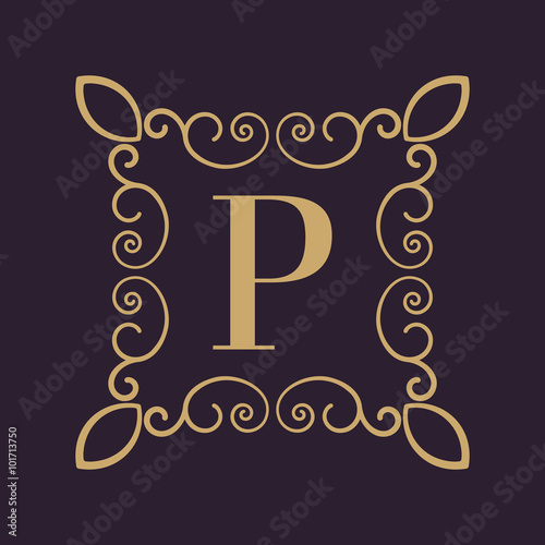 Monogram letter P. Calligraphic ornament. Gold. Retro, Business and Vintage Concepts. Vector illustration