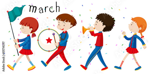 School band marching on the road