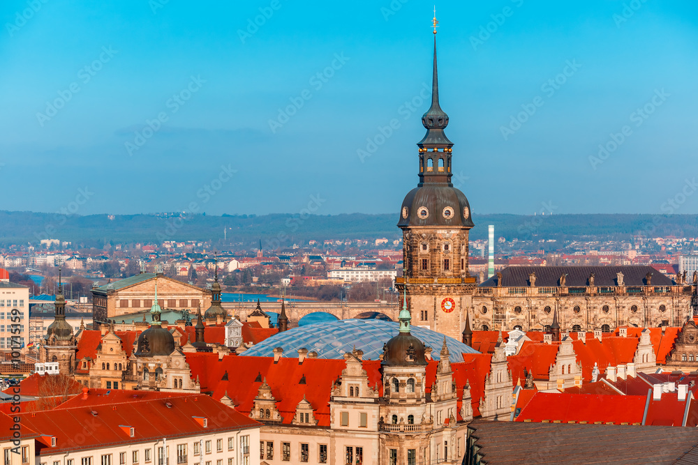 Aerial view over Royal Palace and roofs of old Dresden, Saxony, Germany