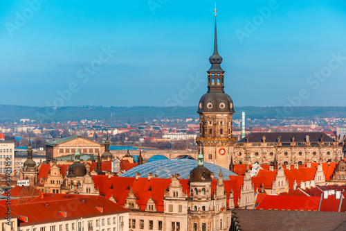 Aerial view over Royal Palace and roofs of old Dresden, Saxony, Germany