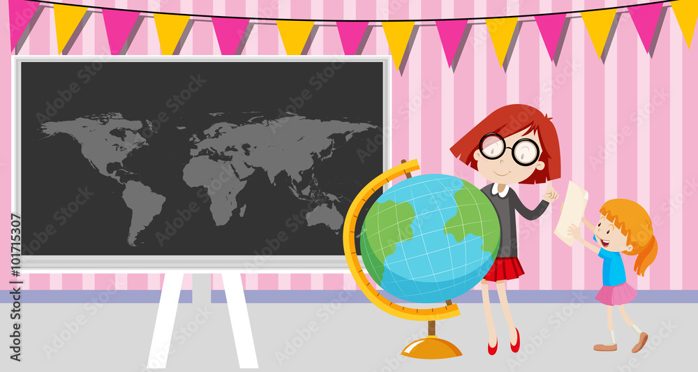 Obraz premium Girls looking at the globe in the classroom