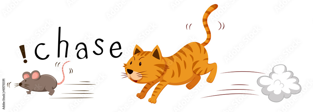 Foto Ginger cat chasing a mouse