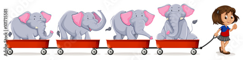 Little girl pulling carts loaded with elephant