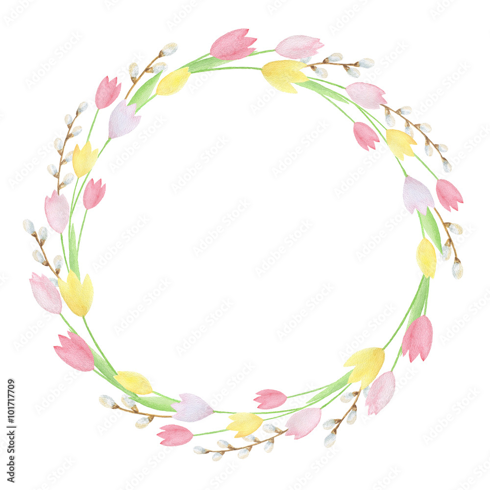 Watercolor Easter round wreath of tulips. Watercolor Easter round wreath of tulips.