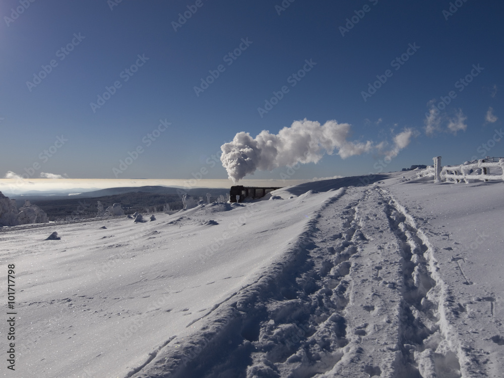 Fototapeta premium Dampflok im Winter