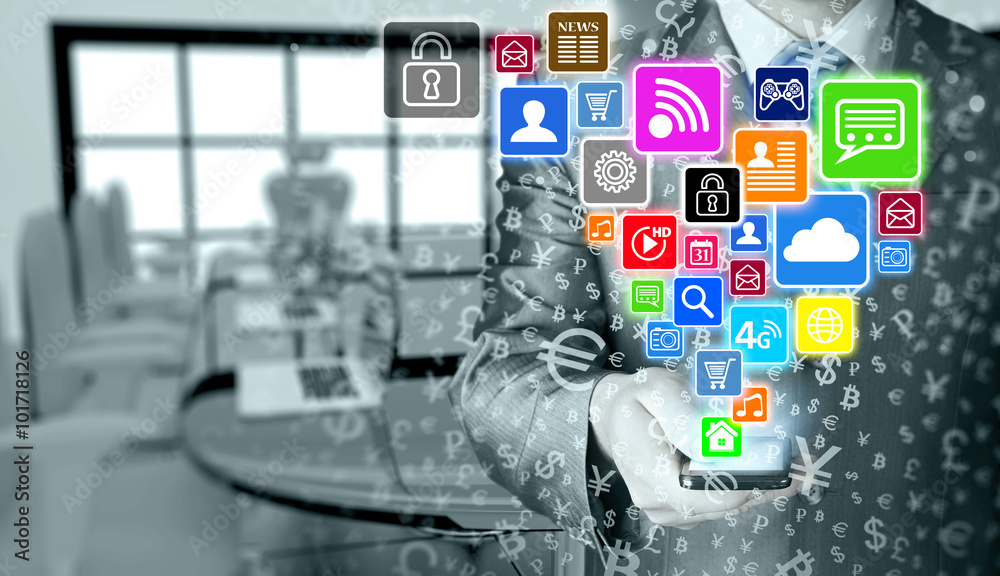 Business man using smart phone with social media icon set Business man using smart phone with social media icon set