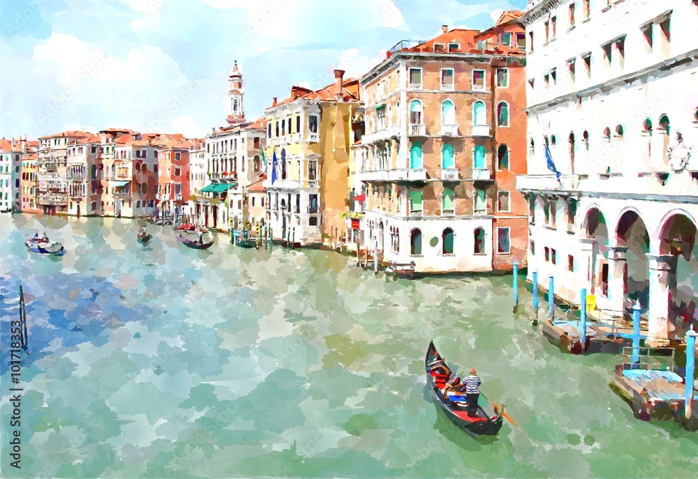 Obraz premium Abstrakcjonistyczny akwarela cyfrowy wytwarzający obraz główny wodny kanał, domy i gondole w Wenecja, Włochy.