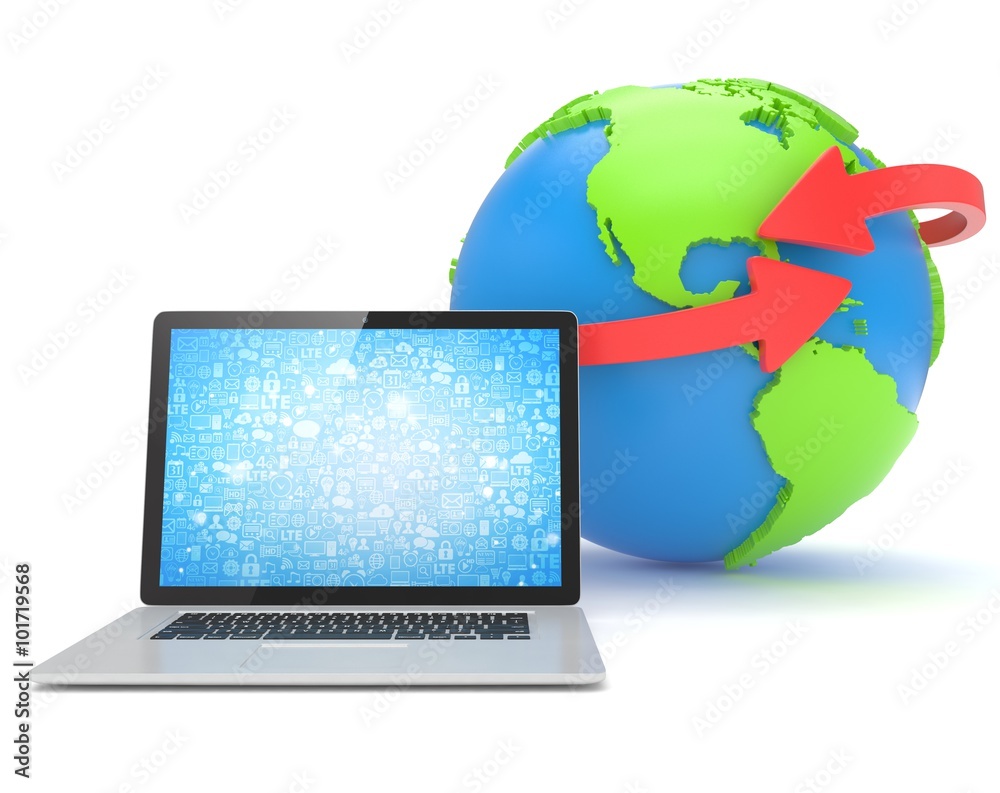 Laptop network and earth globe. 3d render Laptop network and earth globe. 3d render