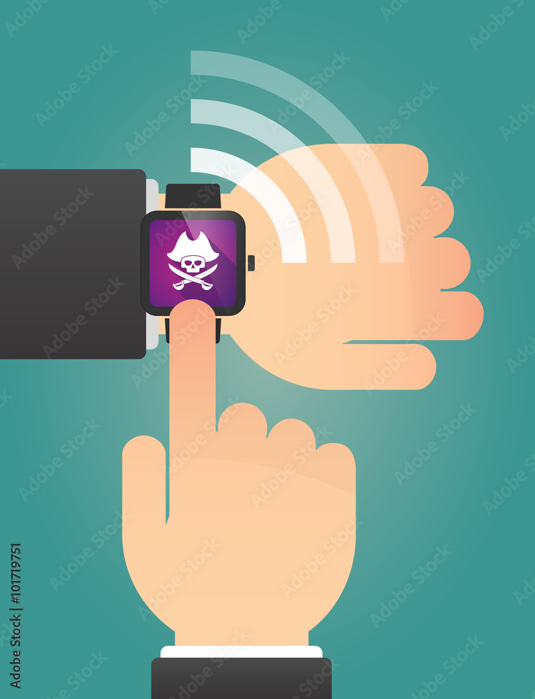 Hand pointing a smart watch with a pirate skull