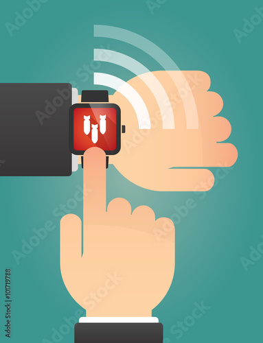 Hand pointing a smart watch with three bombs falling