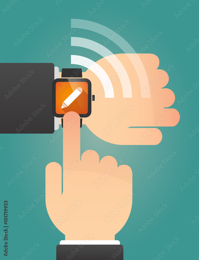 Hand pointing a smart watch with a pencil Hand pointing a smart watch with a pencil