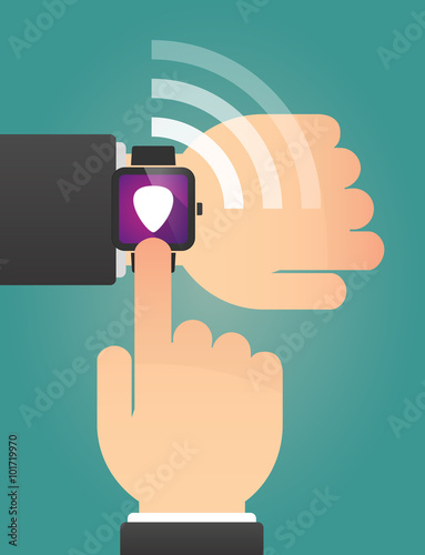 Hand pointing a smart watch with a plectrum