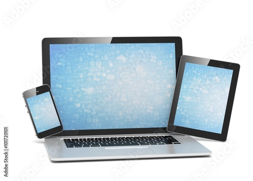laptop, tablet, phone, on white