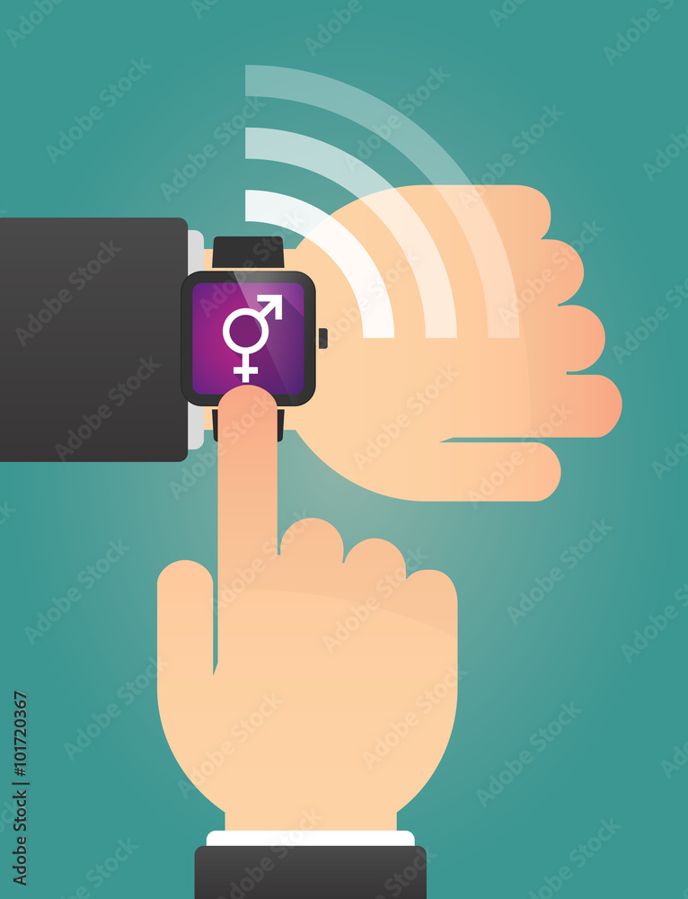 Hand pointing a smart watch with a bigender symbol Hand pointing a smart watch with a bigender symbol