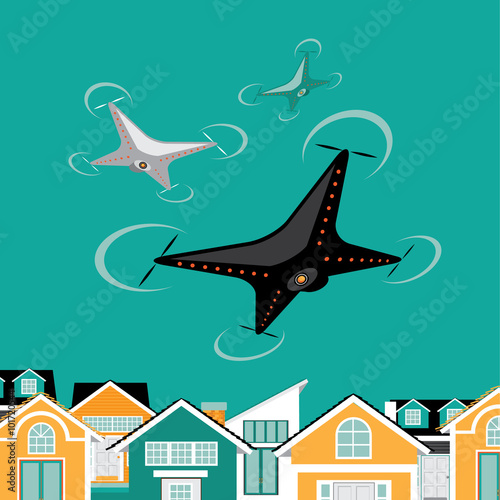 Drones hover over a neighborhood.
