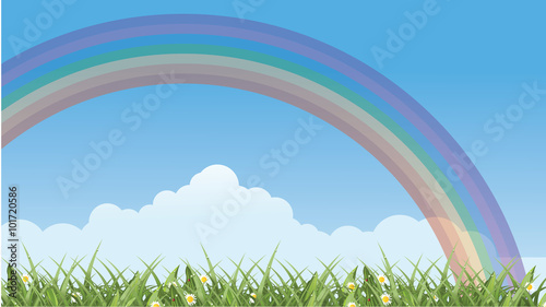 Blue sky, rainbow and grass background in 16/9 aspect ratio.