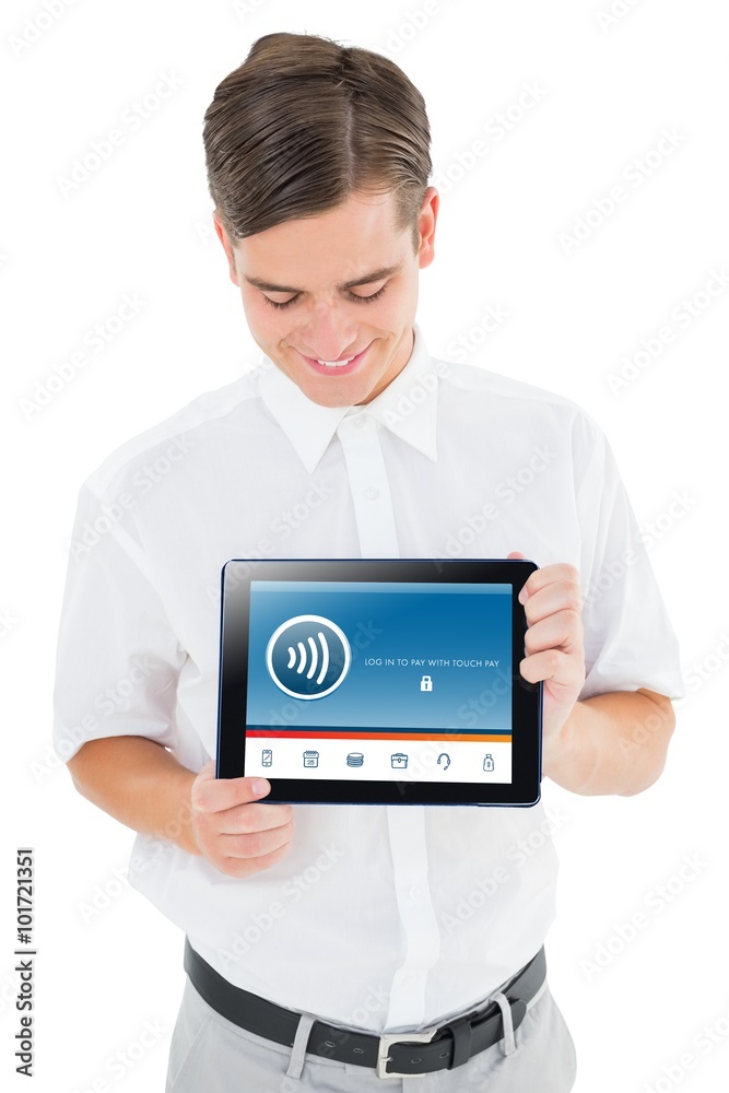 Composite image of geeky businessman showing his tablet pc