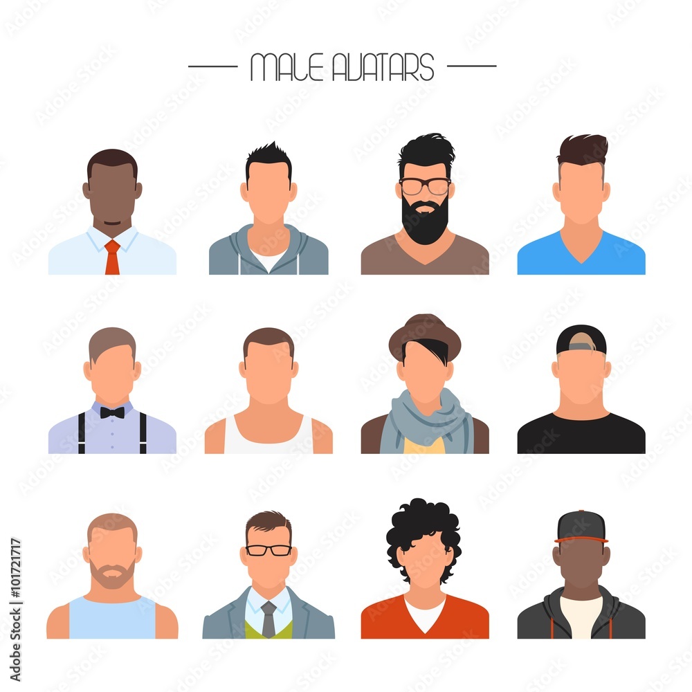 Male avatar icons vector set. People characters in flat style. Faces with different styles and nationalities. Male avatar icons vector set. People characters in flat style. Faces with different styles and nationalities.