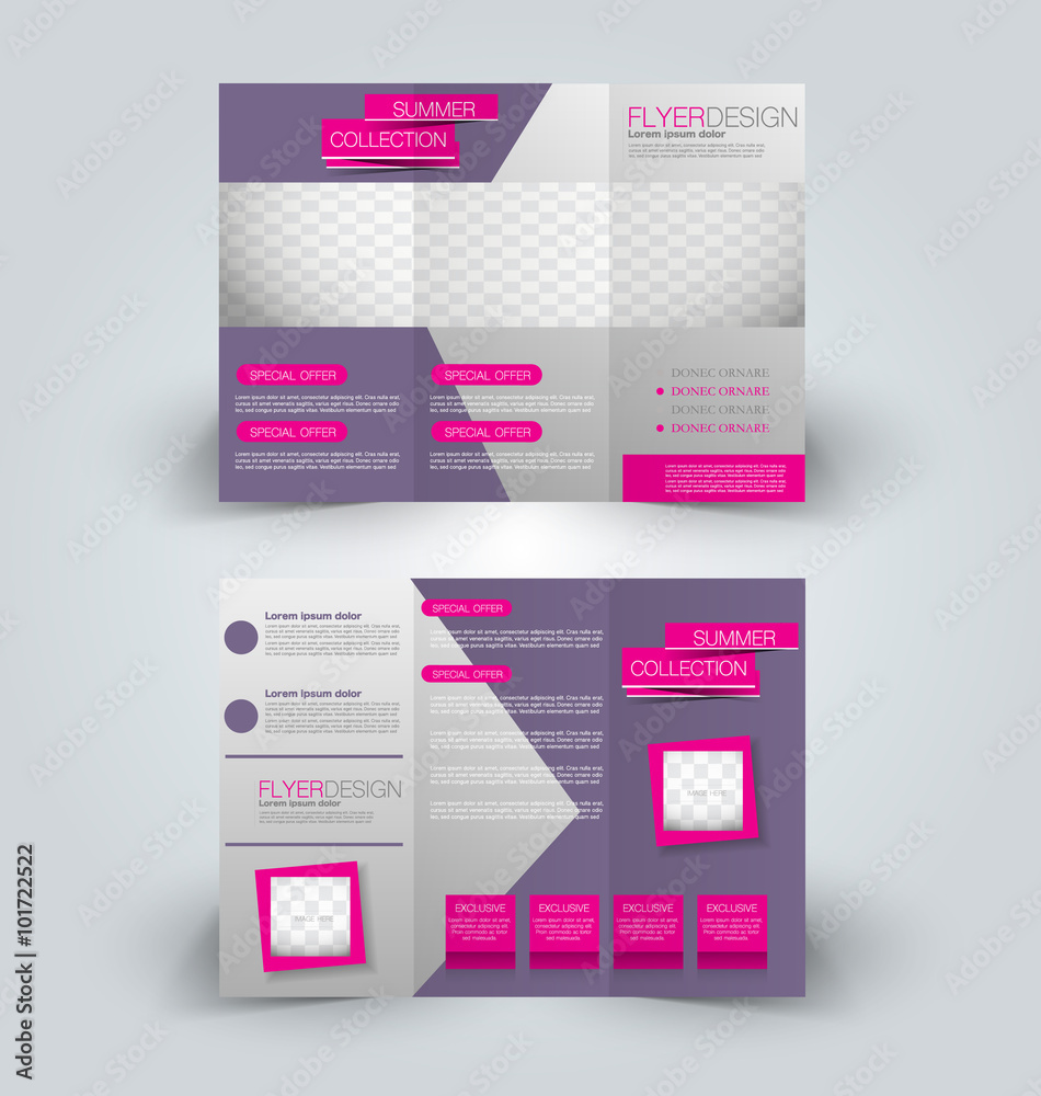 Brochure mock up design template for business, education, advertisement. Trifold booklet editable printable vector illustration. Purple and pink color.