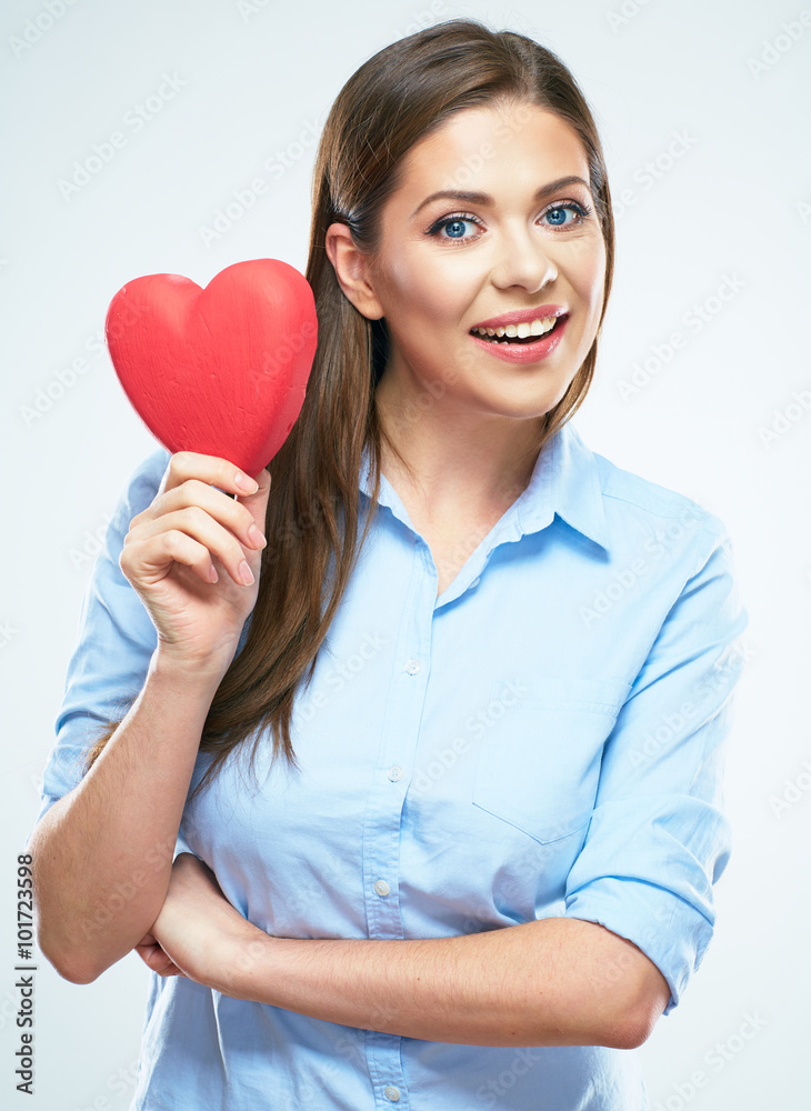 Girl hold red heart. Isolated white background Girl hold red heart. Isolated white background