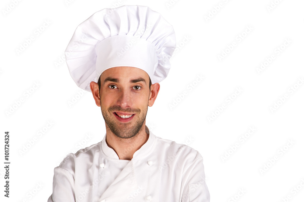 Male chef portrait smiling against white background. Male chef portrait smiling against white background.