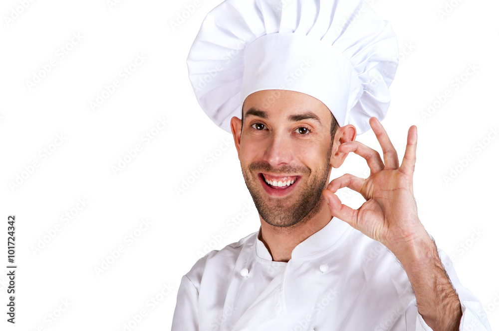 Professional chef man. Isolated over white background. Showing p Professional chef man. Isolated over white background. Showing p